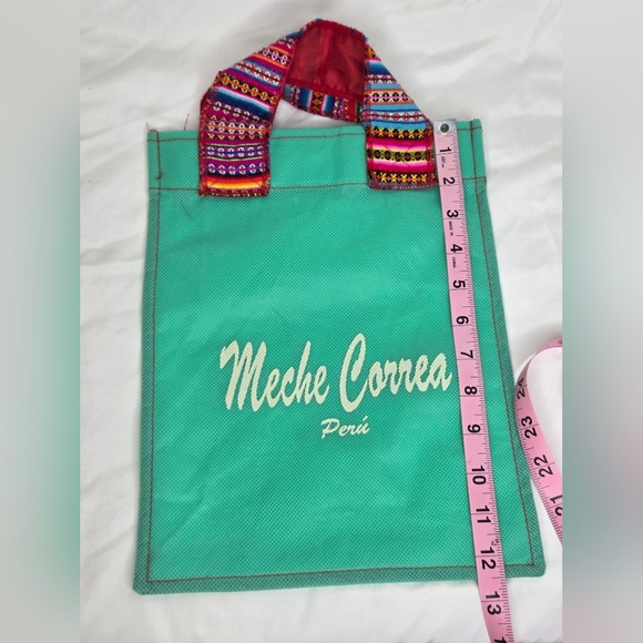 Meche Correa 12" X 9"inch Small Shopping bag Green w/ Inca Fabric Handles - Picture 5 of 6